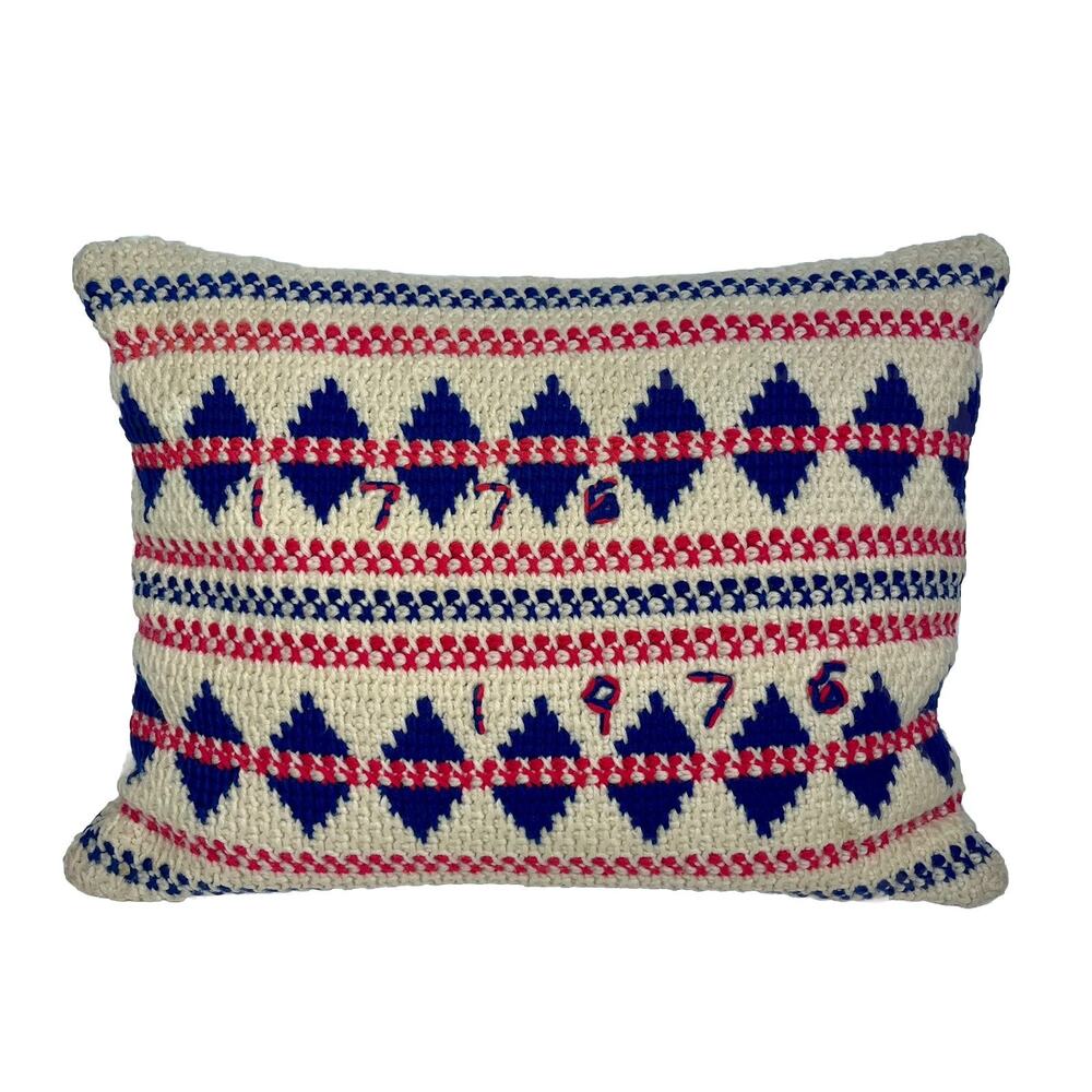 Vintage 70s Hand Crochet Accent Pillow Double Sided Blue 1776-1976 Bicentennial